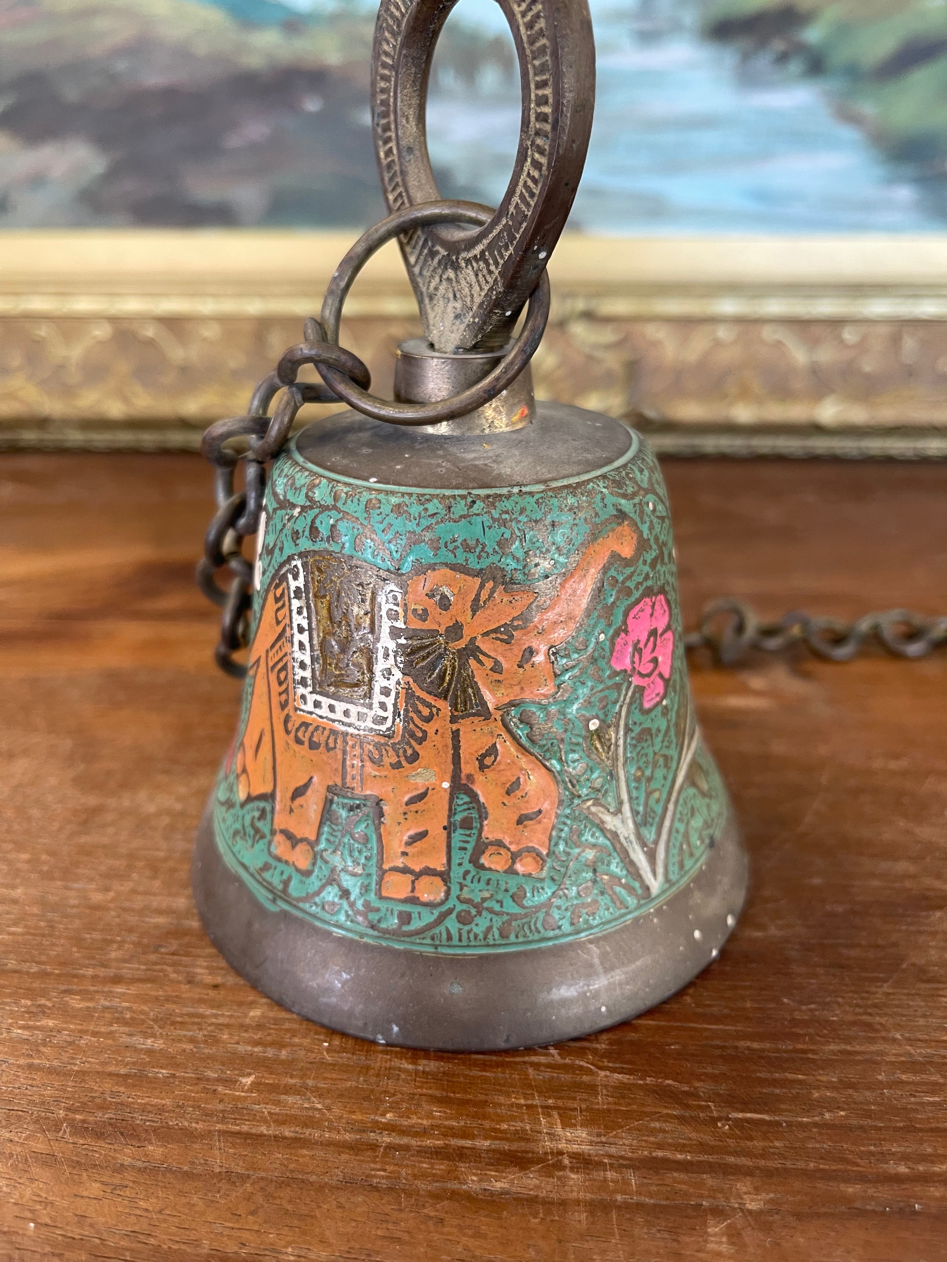 Vintage Brass Toned Hanging Bell with Hand-Painted Elephant and Floral Motifs, India