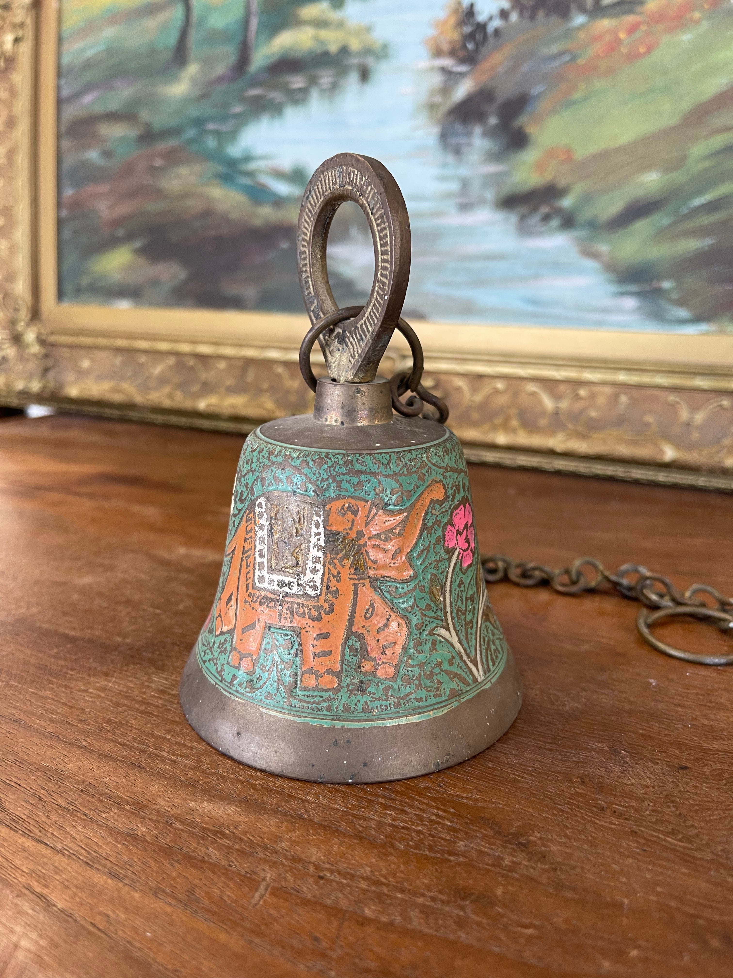 Vintage Brass Toned Hanging Bell with Hand-Painted Elephant and Floral Motifs, India
