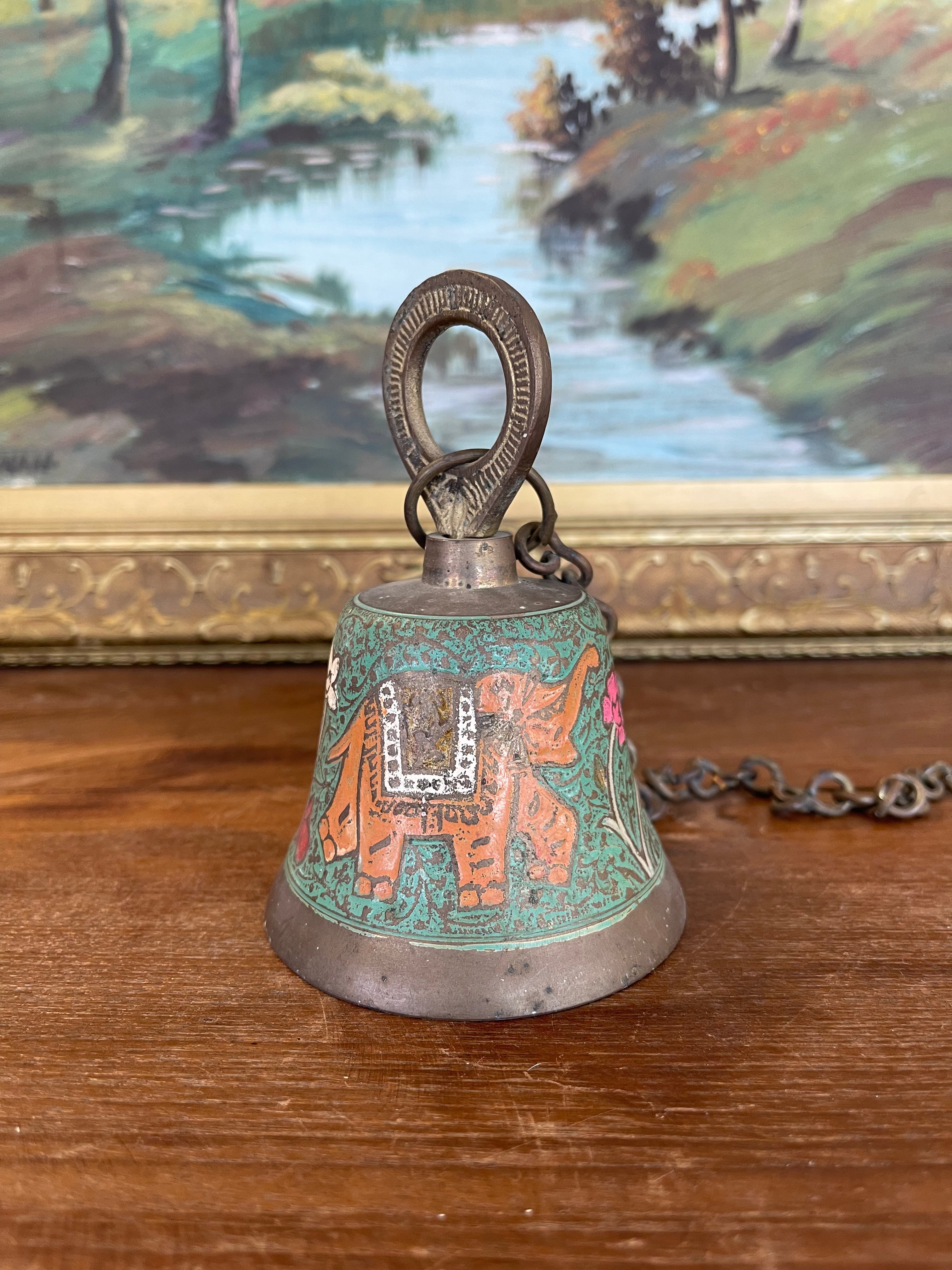 Vintage Brass Toned Hanging Bell with Hand-Painted Elephant and Floral Motifs, India