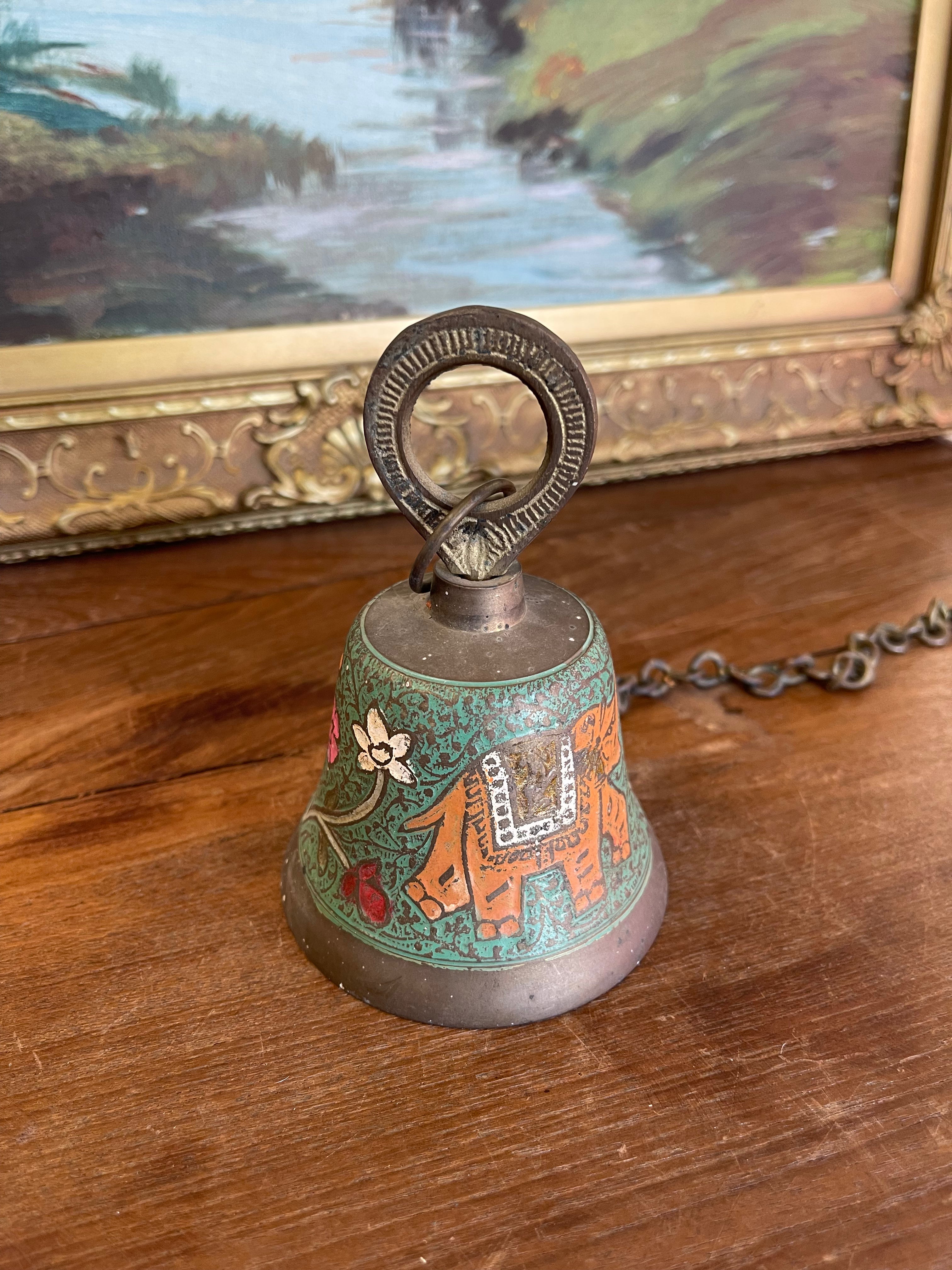 Vintage Brass Toned Hanging Bell with Hand-Painted Elephant and Floral Motifs, India