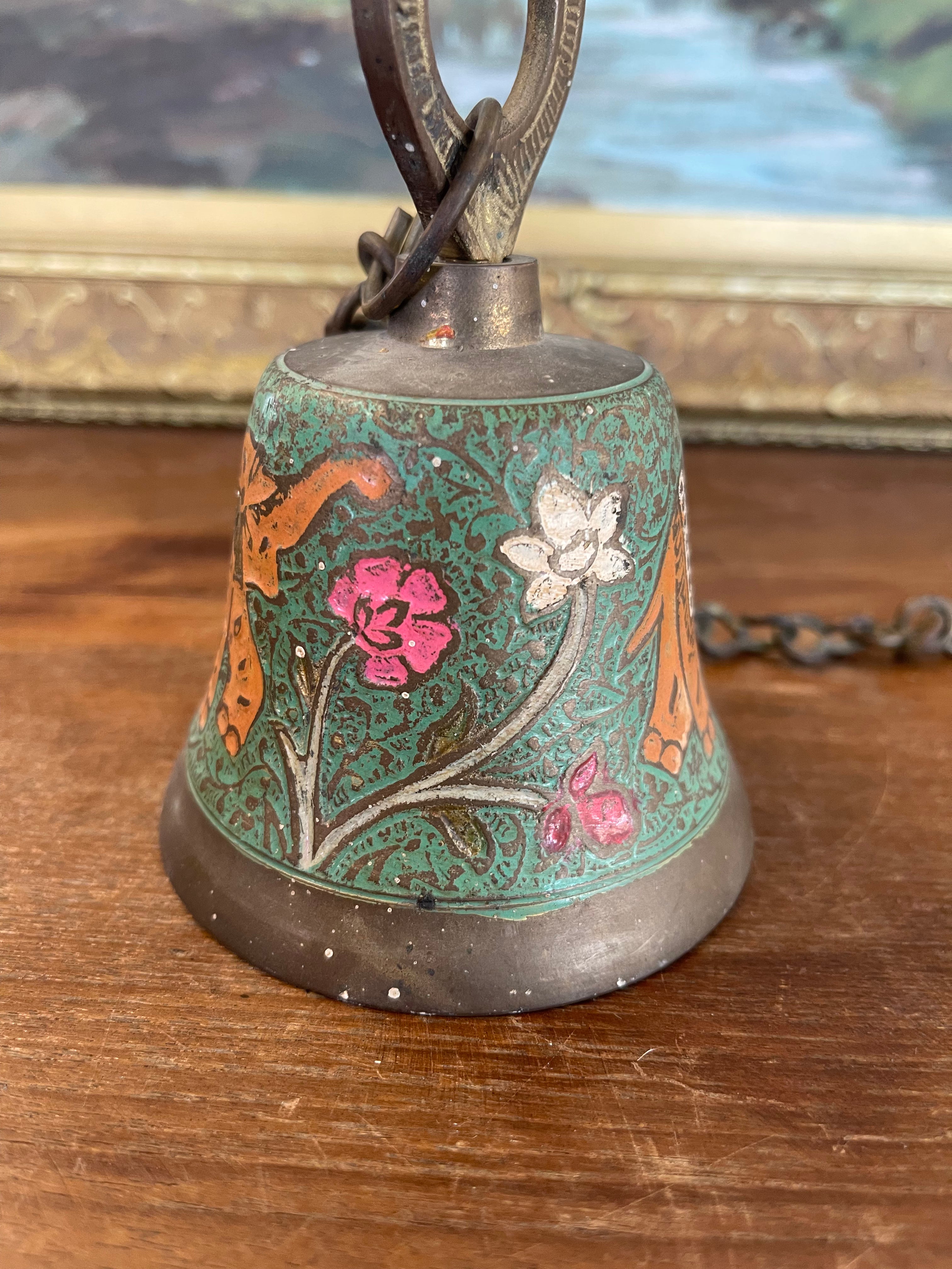 Vintage Brass Toned Hanging Bell with Hand-Painted Elephant and Floral Motifs, India